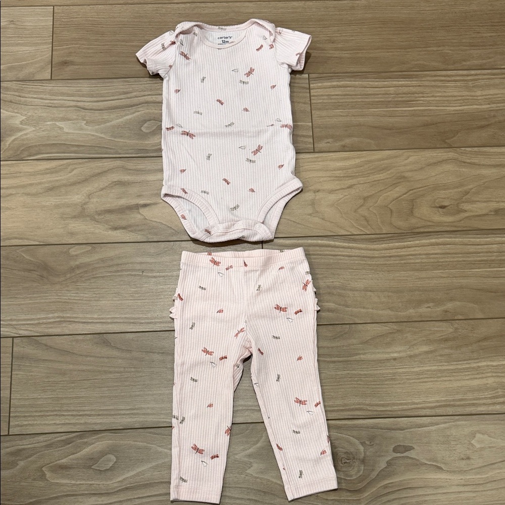 Carter's Ribbed Light Pink Baby Onesie with Dragonfly Print